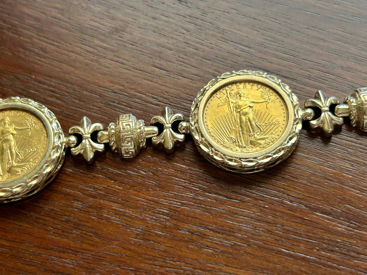 14k Yellow Gold 2002 1/10oz Fine Gold Liberty Coin Bracelet Greek Fleur De Lis