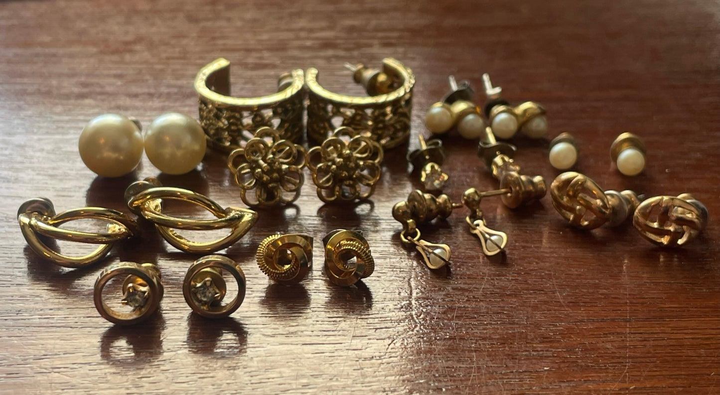 Vintage to Now Gold Tone Pierced Stud Earring Lot Pearl Knot Modern 80's Hoop