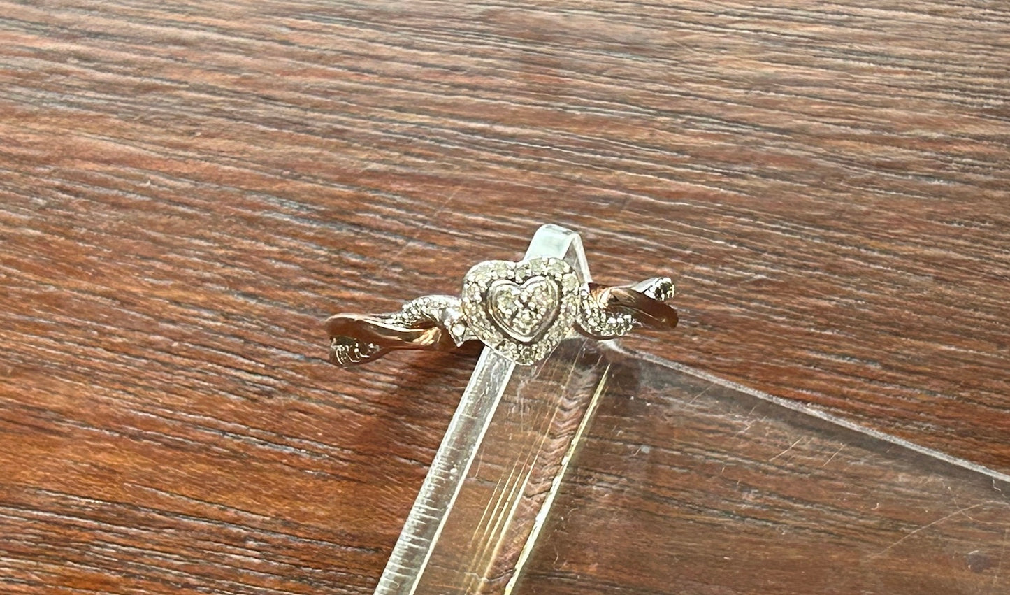 Sterling Silver 925 Gold Pave Diamond Heart Ring Sz 7