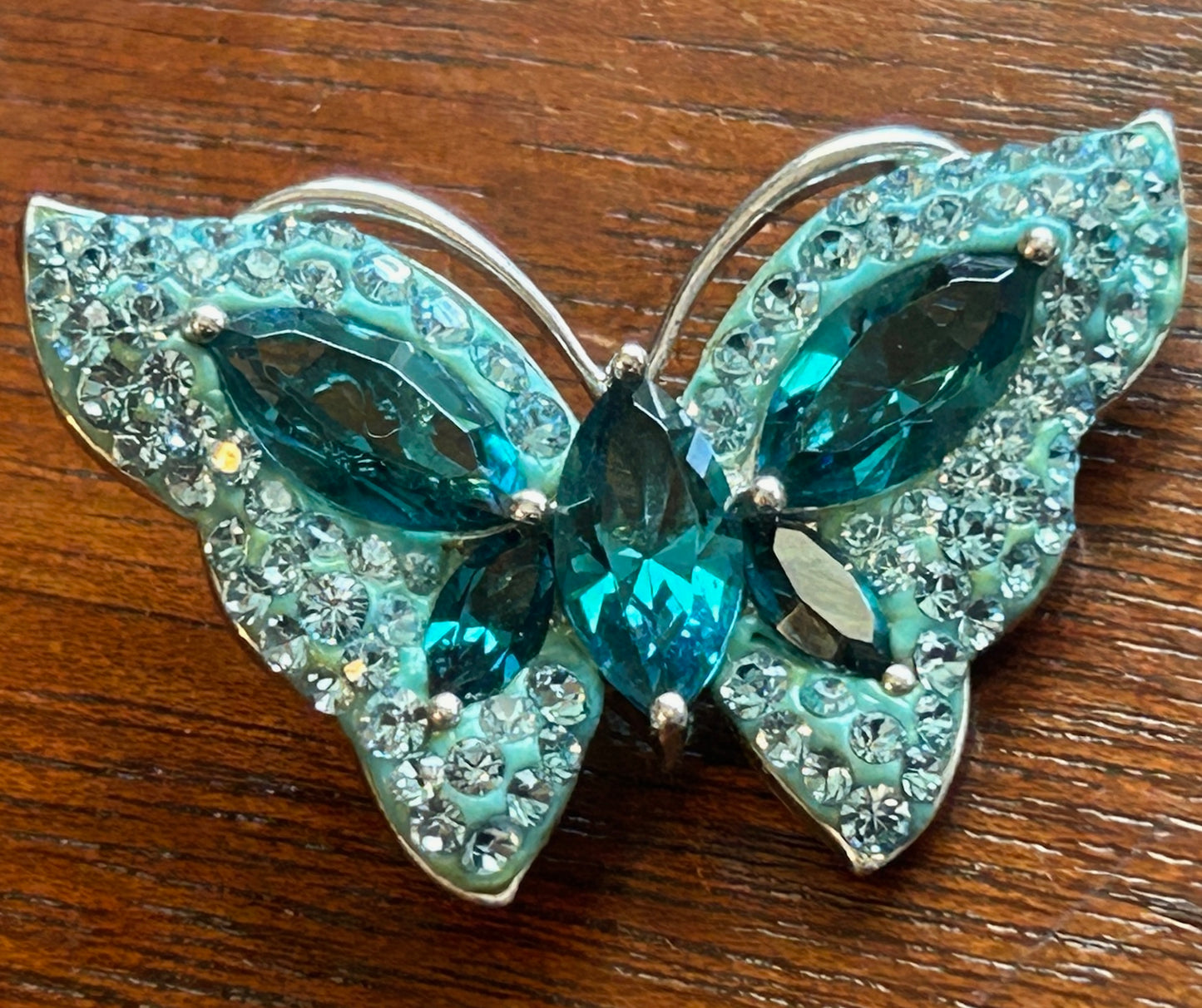 Signed AU Sterling Silver 925 Teal Blue Rhinestone Butterfly Slide Pendant