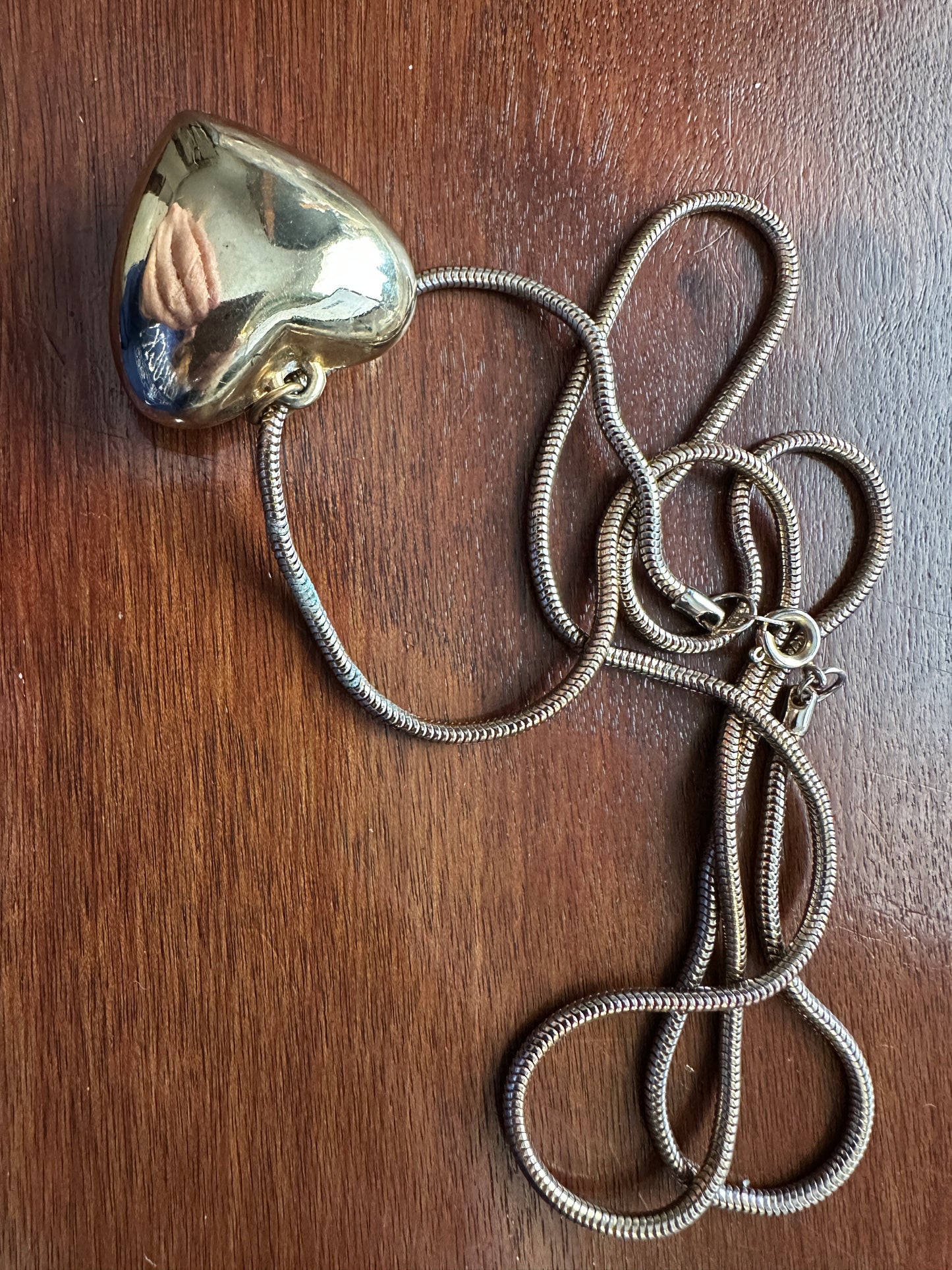 Vintage Gold Tone Large Puffy Heart on Snake Chain Pendant Necklace