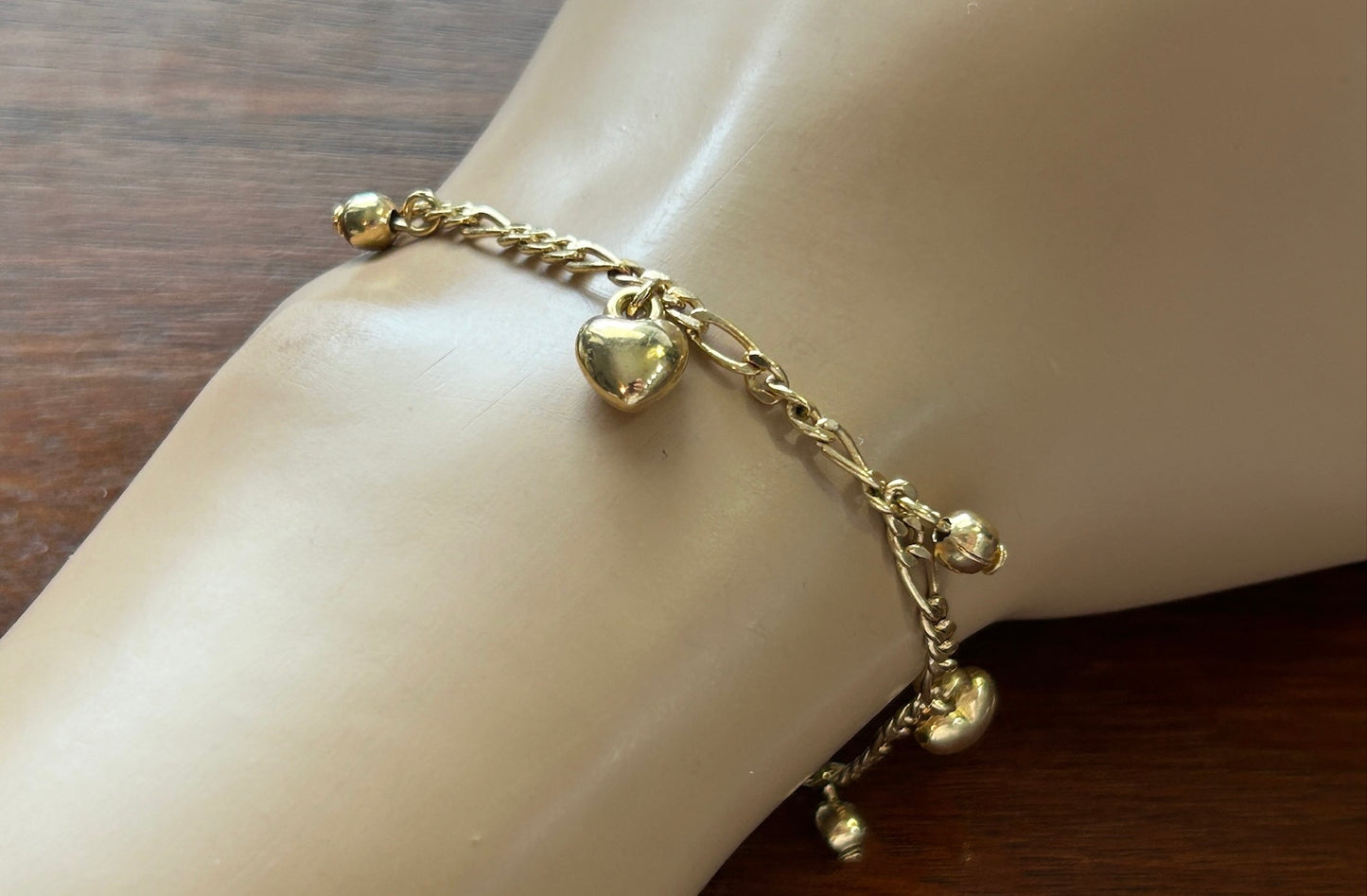 Cute Gold Tone Metal Puffy Heart Ball Bead Charm Chain Link Bracelet