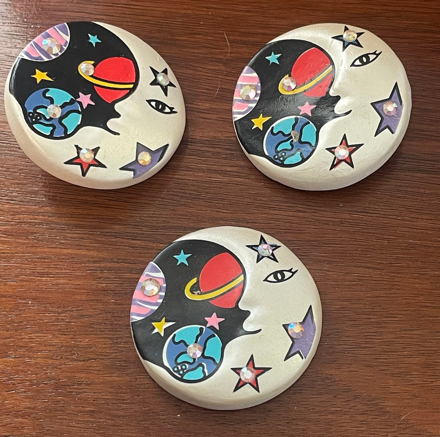 Vintage Artist Made Moon Painted Brooch Clip on Earring Set