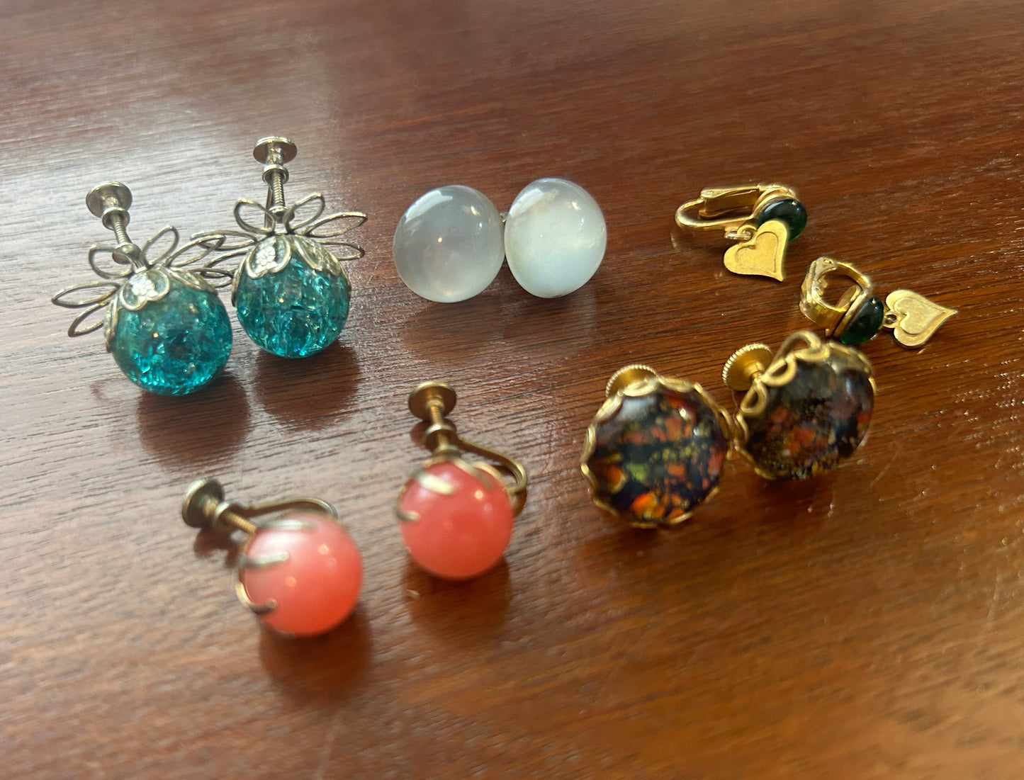 Vintage Clip On Screwback Earrings Lot Moonstone Low Cabochon Faux Opal Lucite