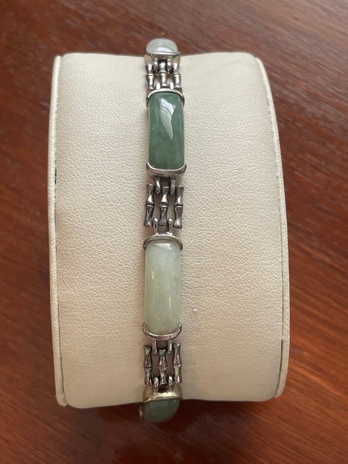 Vintage Sterling Silver 925 & Two Tone Jade Panel Bracelet Bambo Design
