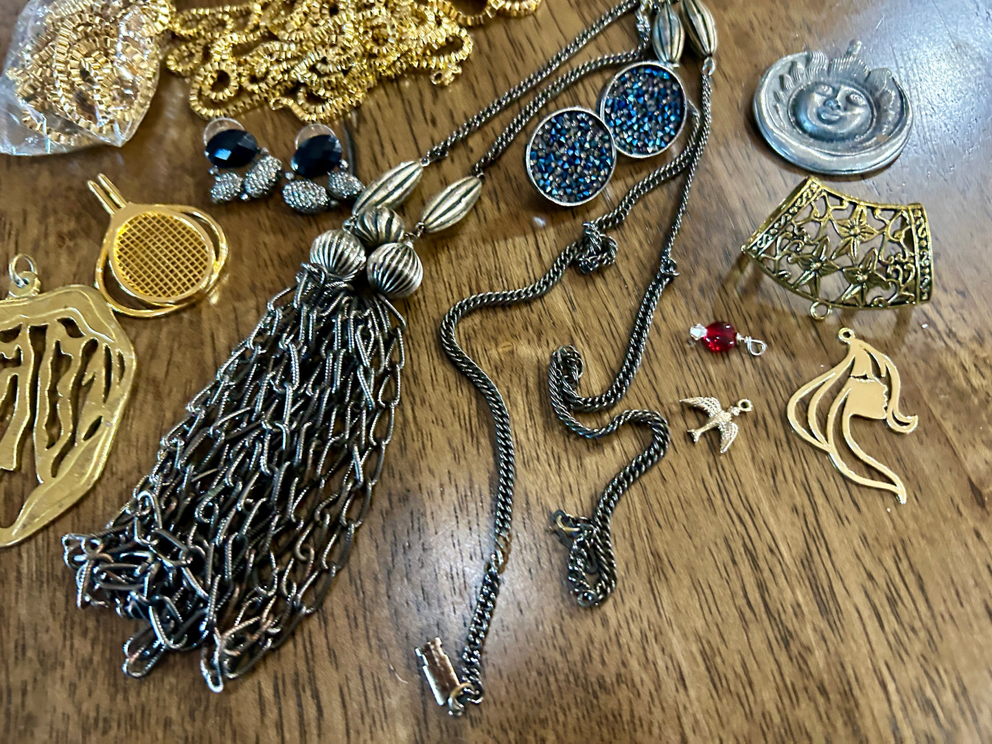 Vintage to Now Modern Gold Silver Tone Jewelry Lot Chains Tassel Brooch Pendants