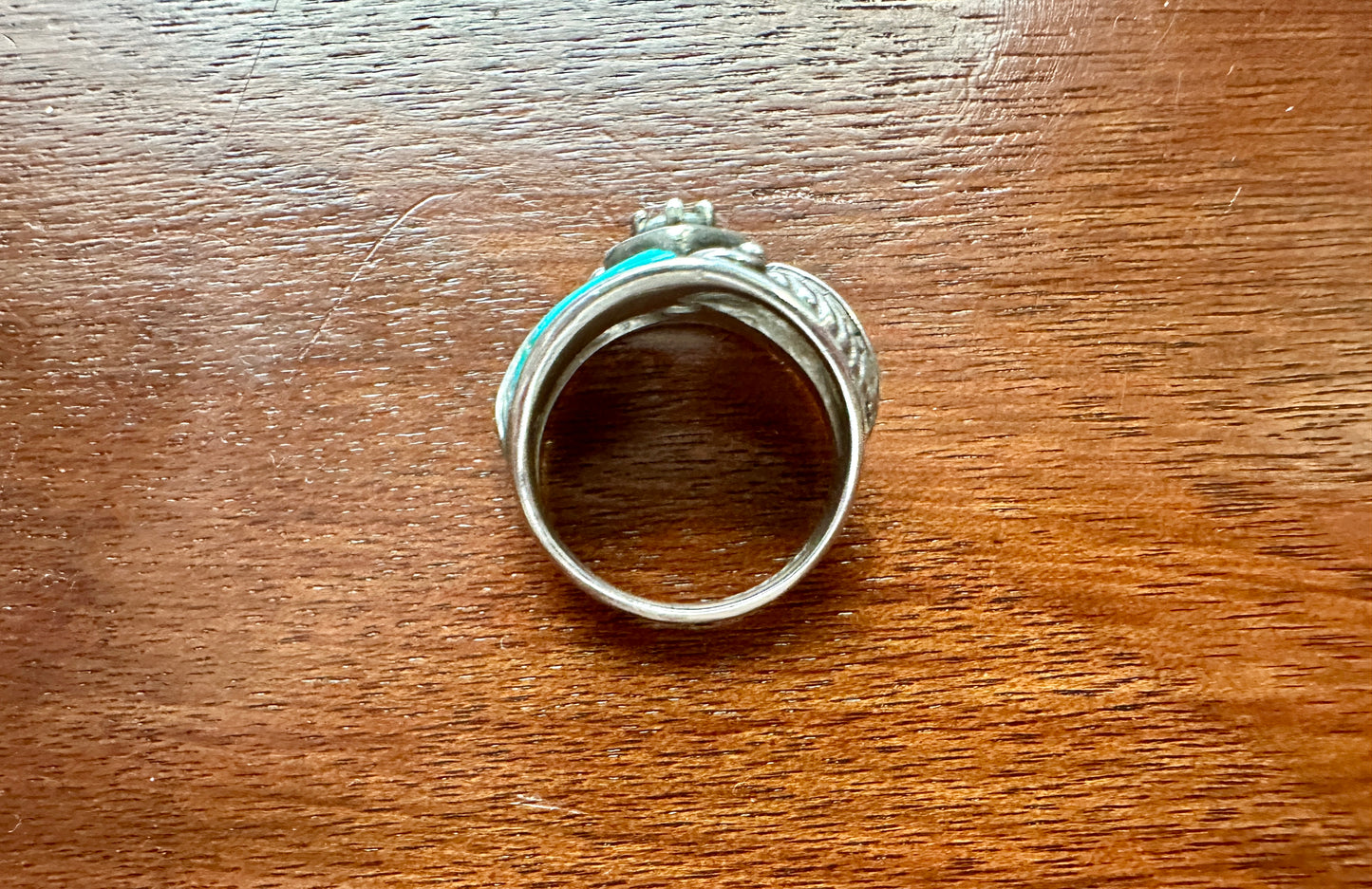 Signed CW Navajo Sterling Silver 925 Turquouse CZ Black Relief Ring Sz 6.5