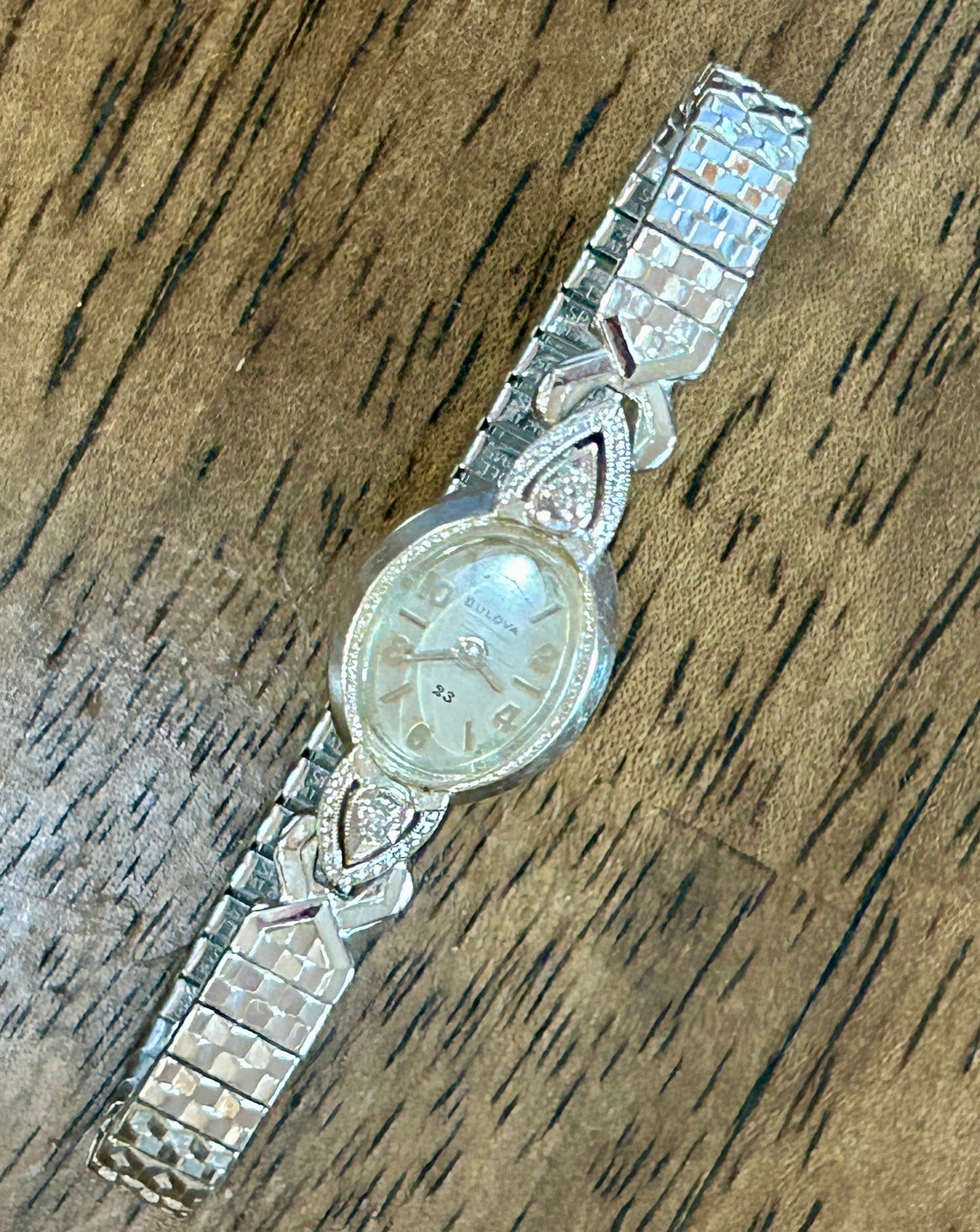 Vintage Antique 14k White Gold Diamond Women's Bulova Wristwatch Manual Wind