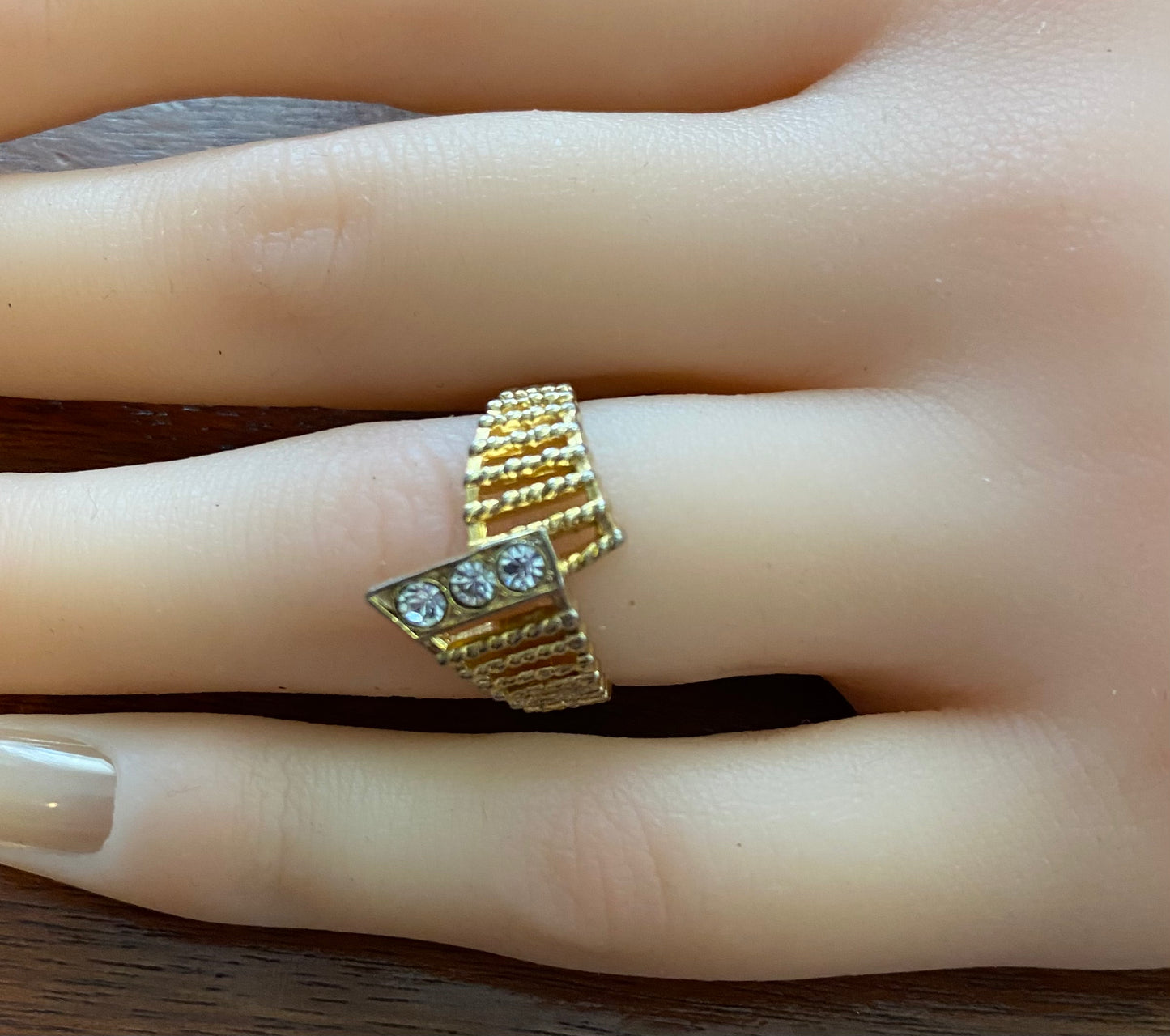 Vintage Gold Plate Rhinestone Bypass Style Band Ring Sz 6.25