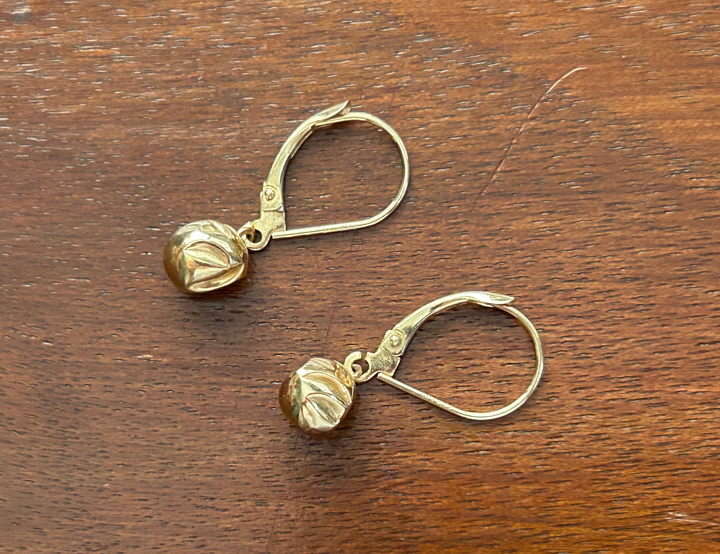 14k Yellow Gold Modern Textured Ball Drop Dangly Lever Back Earrings Signed ZZ