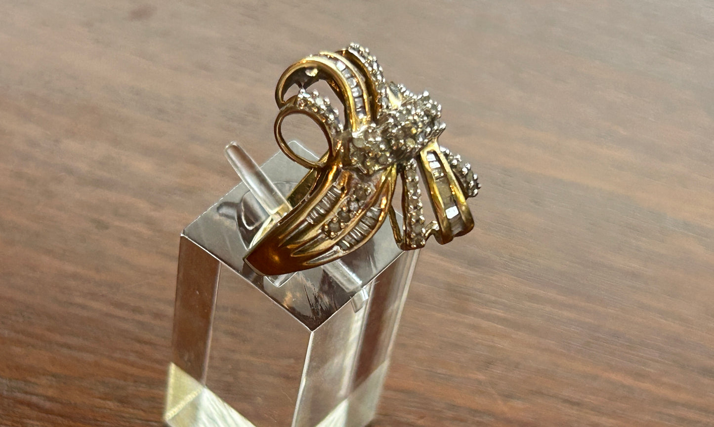 10k Yellow Gold Baguette Round .44ctw Diamond Ribbon Bow Ring Sz 7