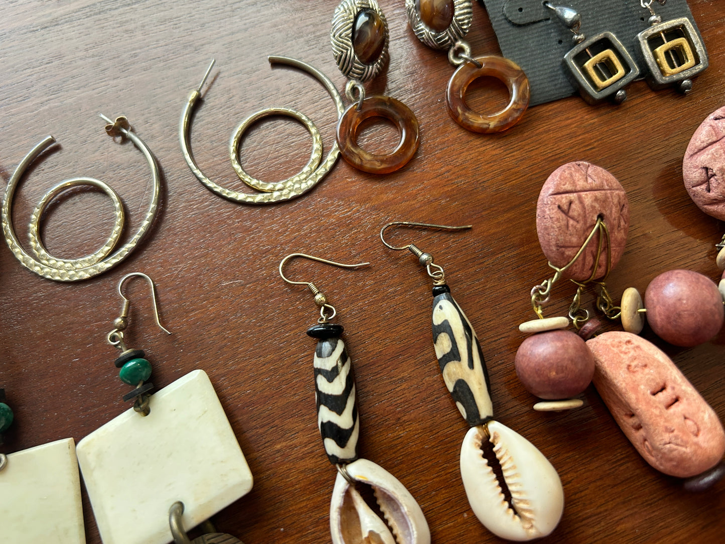 Vintage to Now Boho Artist Pierced Earrings Wood Glazed Beads Shell Malachite