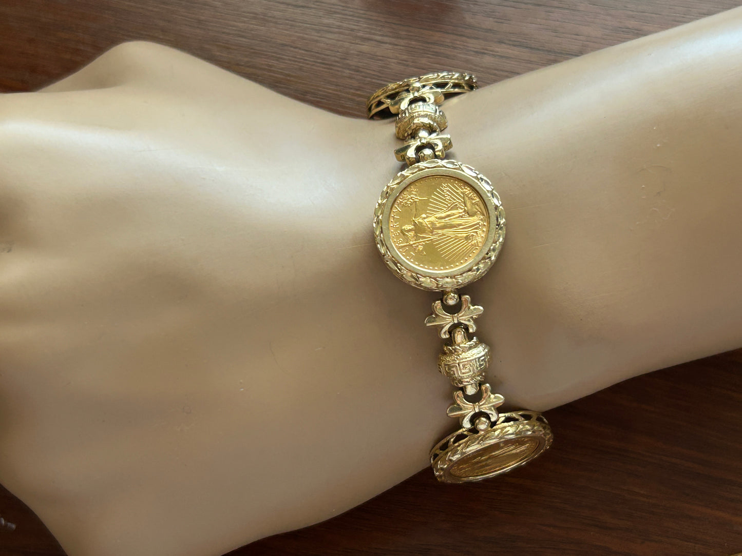 14k Yellow Gold 2002 1/10oz Fine Gold Liberty Coin Bracelet Greek Fleur De Lis