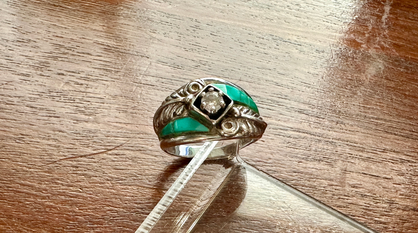 Signed CW Navajo Sterling Silver 925 Turquouse CZ Black Relief Ring Sz 7.25