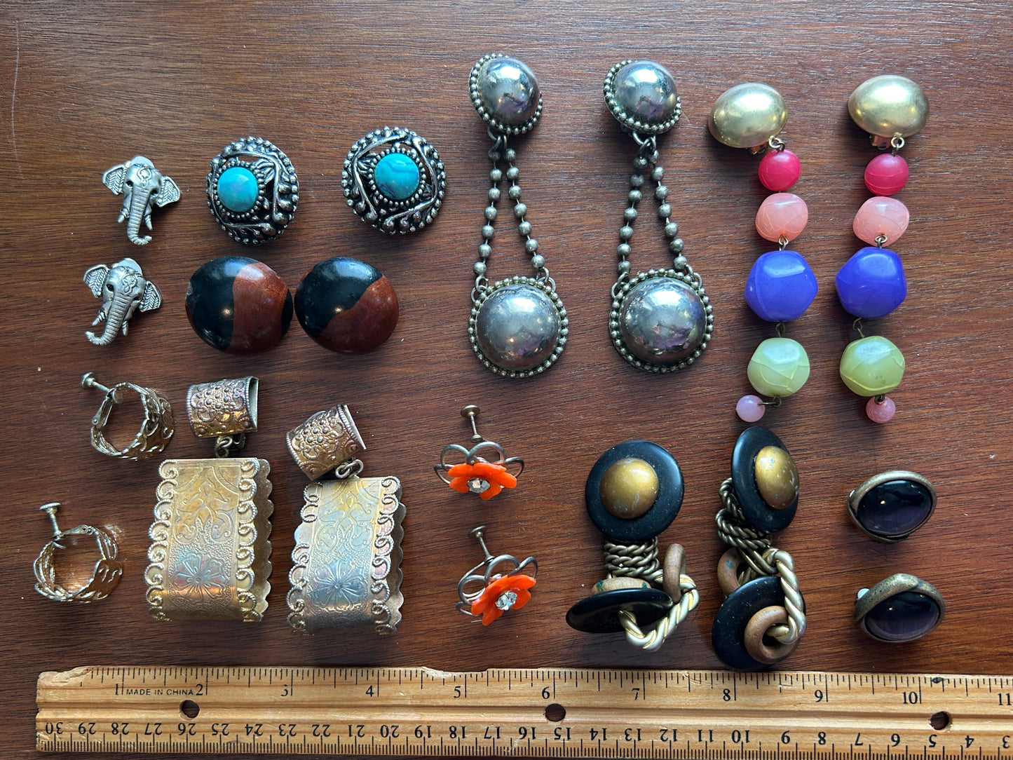 Vintage Clip On Earring Lot Doorknocker Silver Gold Boho Cabochon Wood Bead