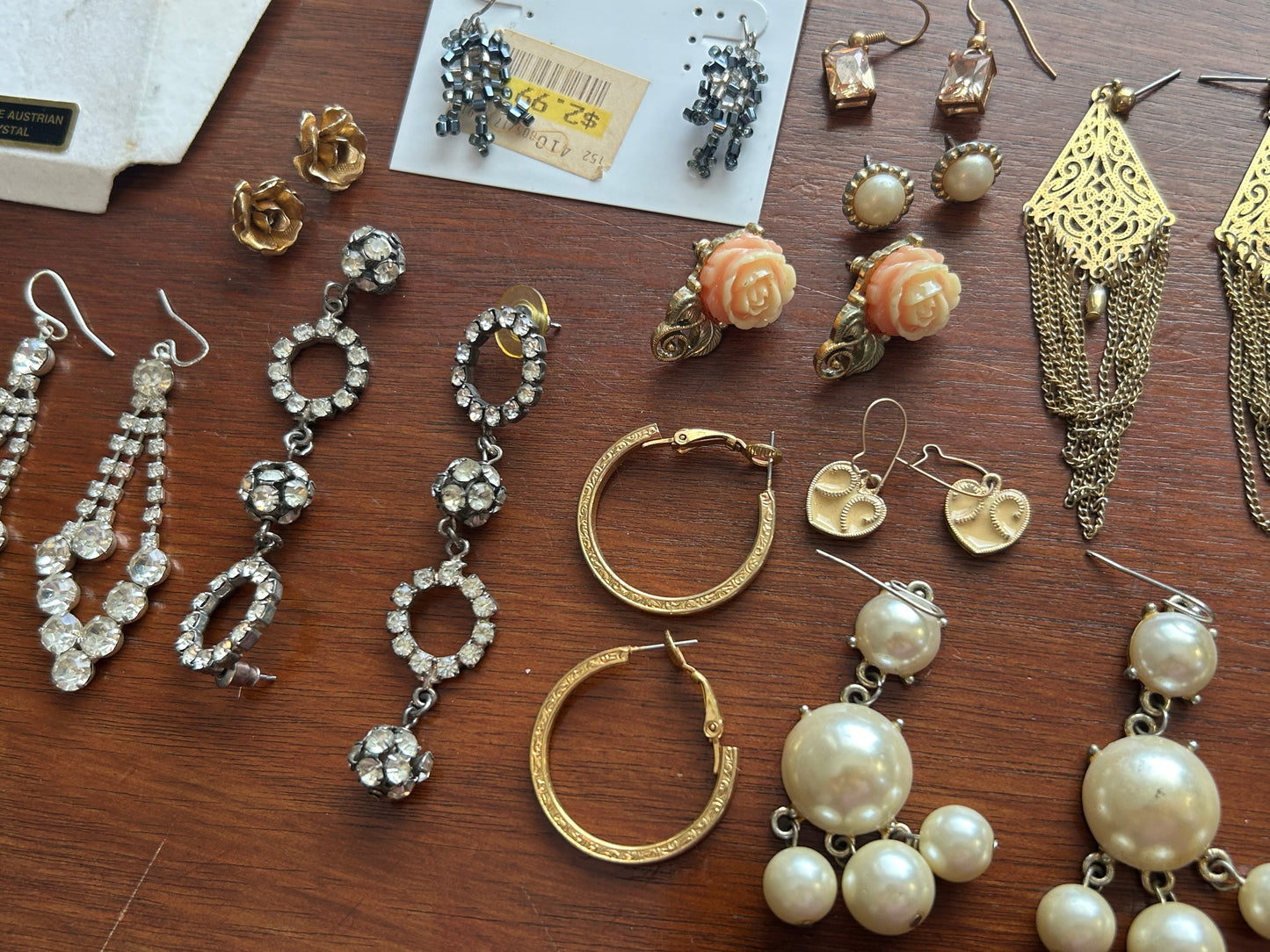 Pierced Earring Lot Chandelier Rhinestone Dangly Faux Pearl Gold Hoops Rose