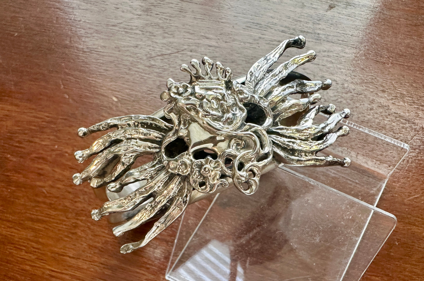 Vintage 950 Silver Brutalist Abstract Crowned Woman Cuff Bracelet Heavy