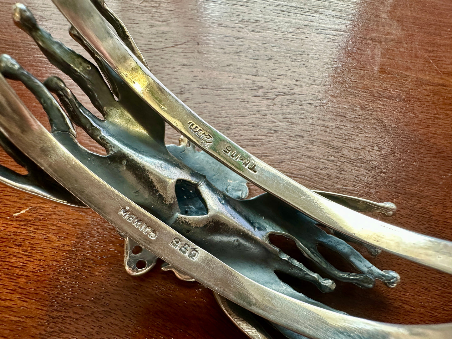 Vintage 950 Silver Brutalist Abstract Crowned Woman Cuff Bracelet Heavy
