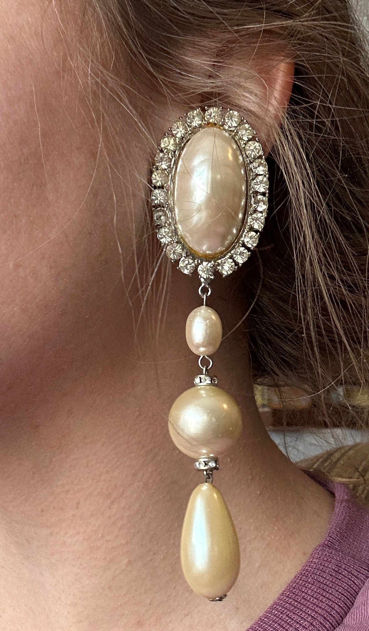 Vintage Lawrence VRBA Rhinestone Baroque Pearl Clip on Runway Earrings Designer