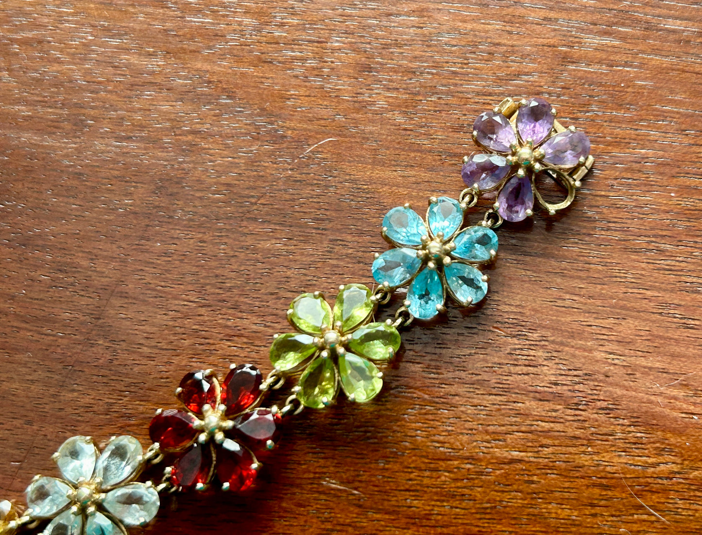 10k Yellow Gold Multicolor Gemstone Flower Tennis Bracelet MISSING STONES