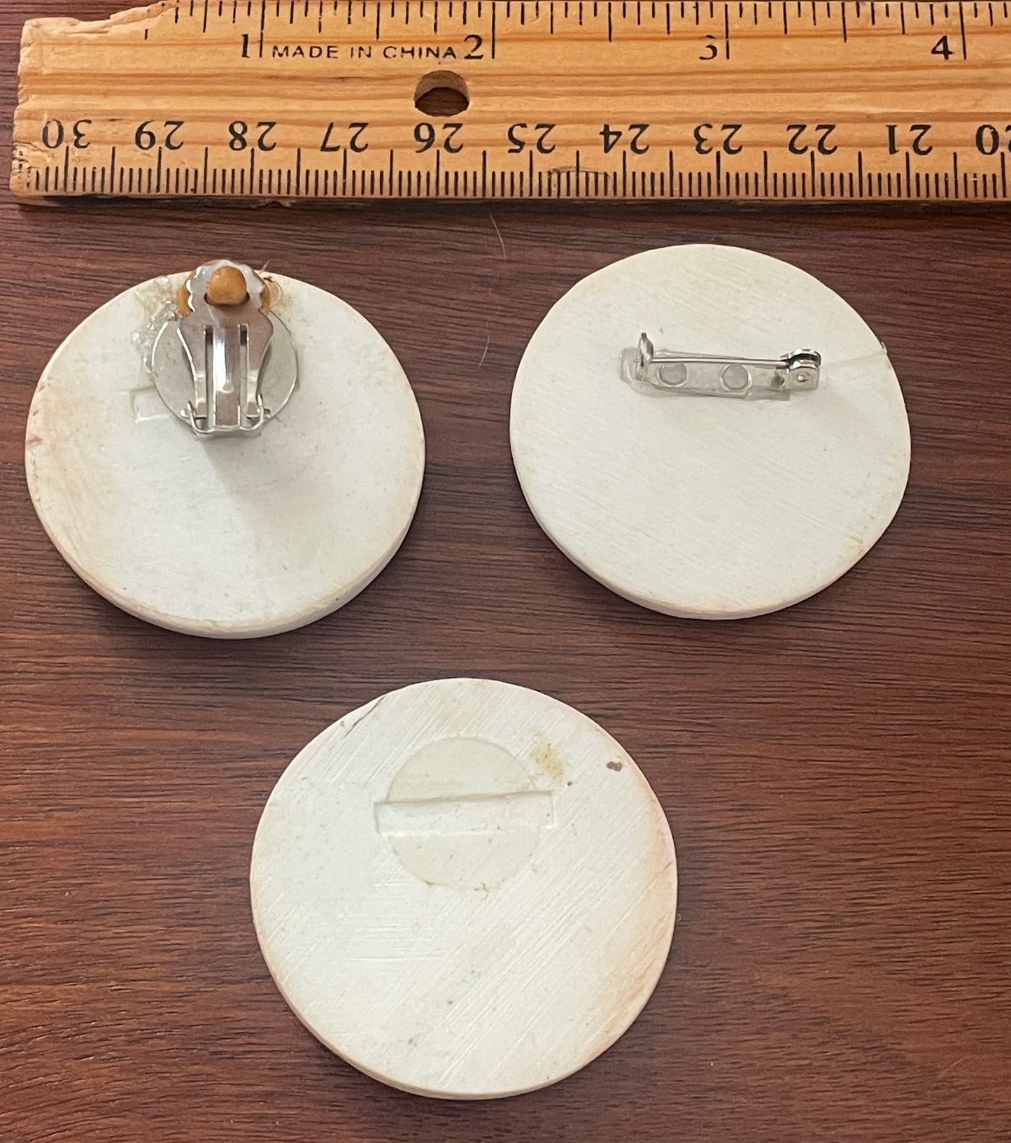 Vintage Artist Made Moon Painted Brooch Clip on Earring Set