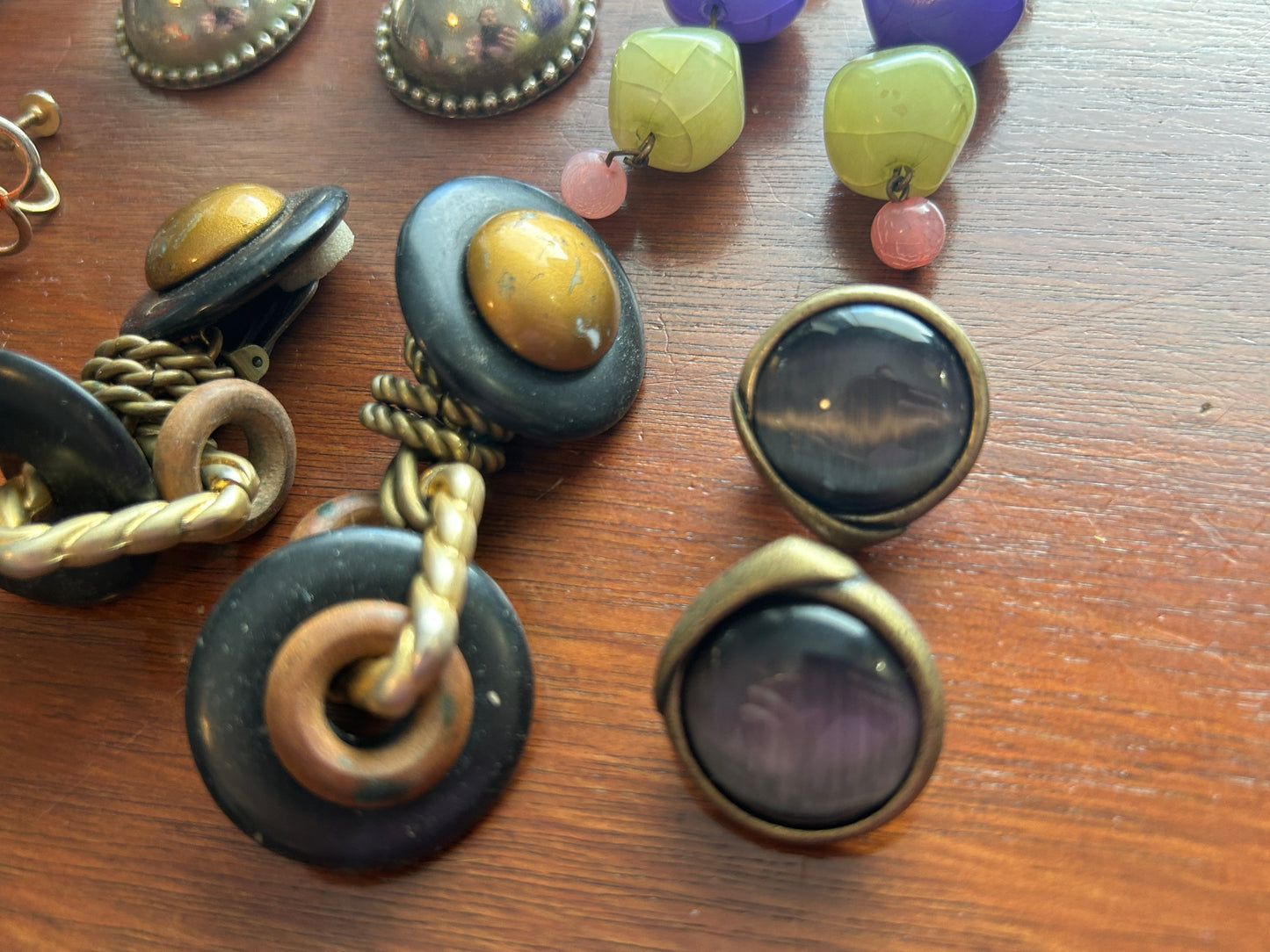 Vintage Clip On Earring Lot Doorknocker Silver Gold Boho Cabochon Wood Bead