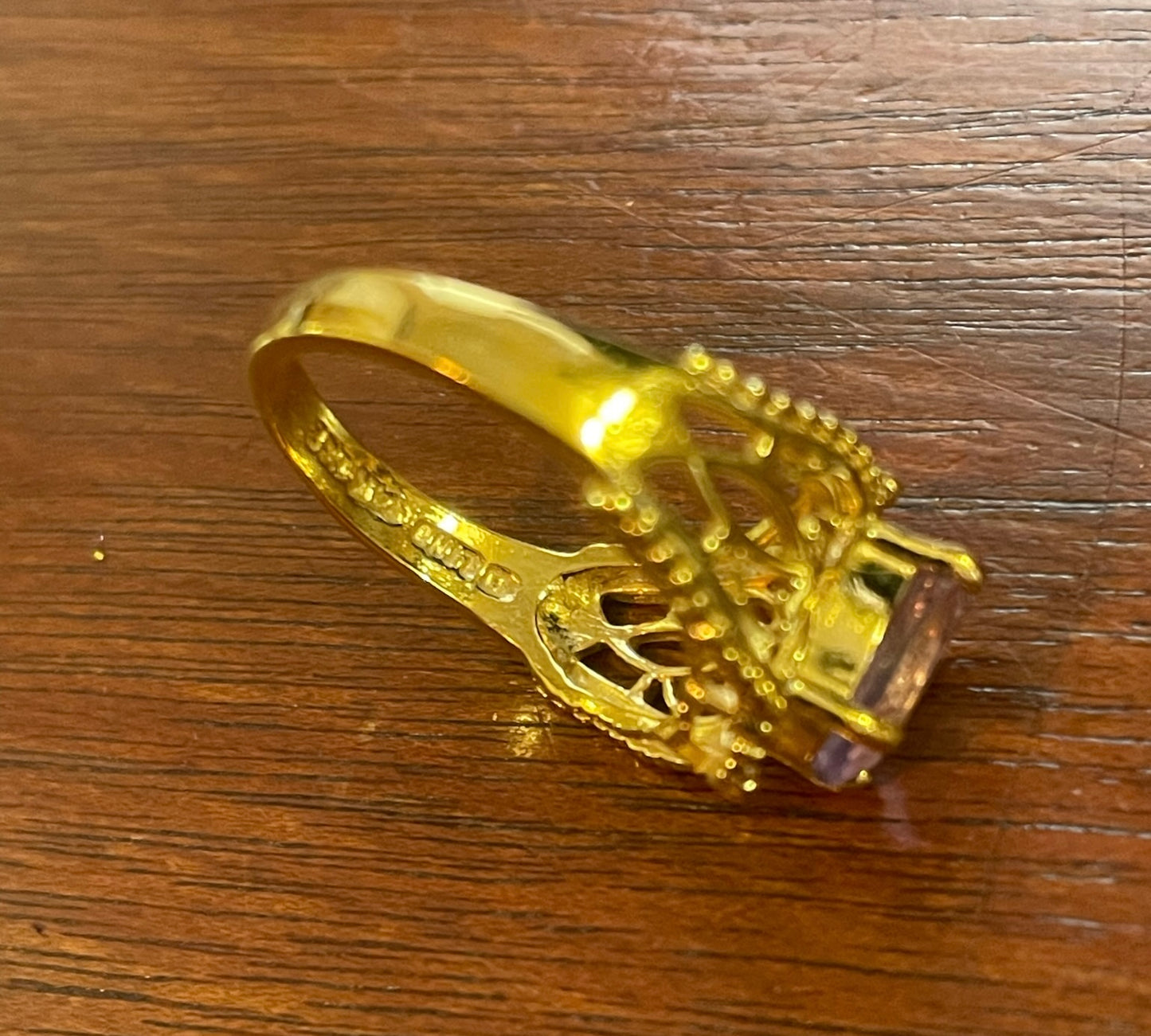 Designer LIND 14k Yellow Gold HGE Amethyst Filigree Ring Sz 6.75