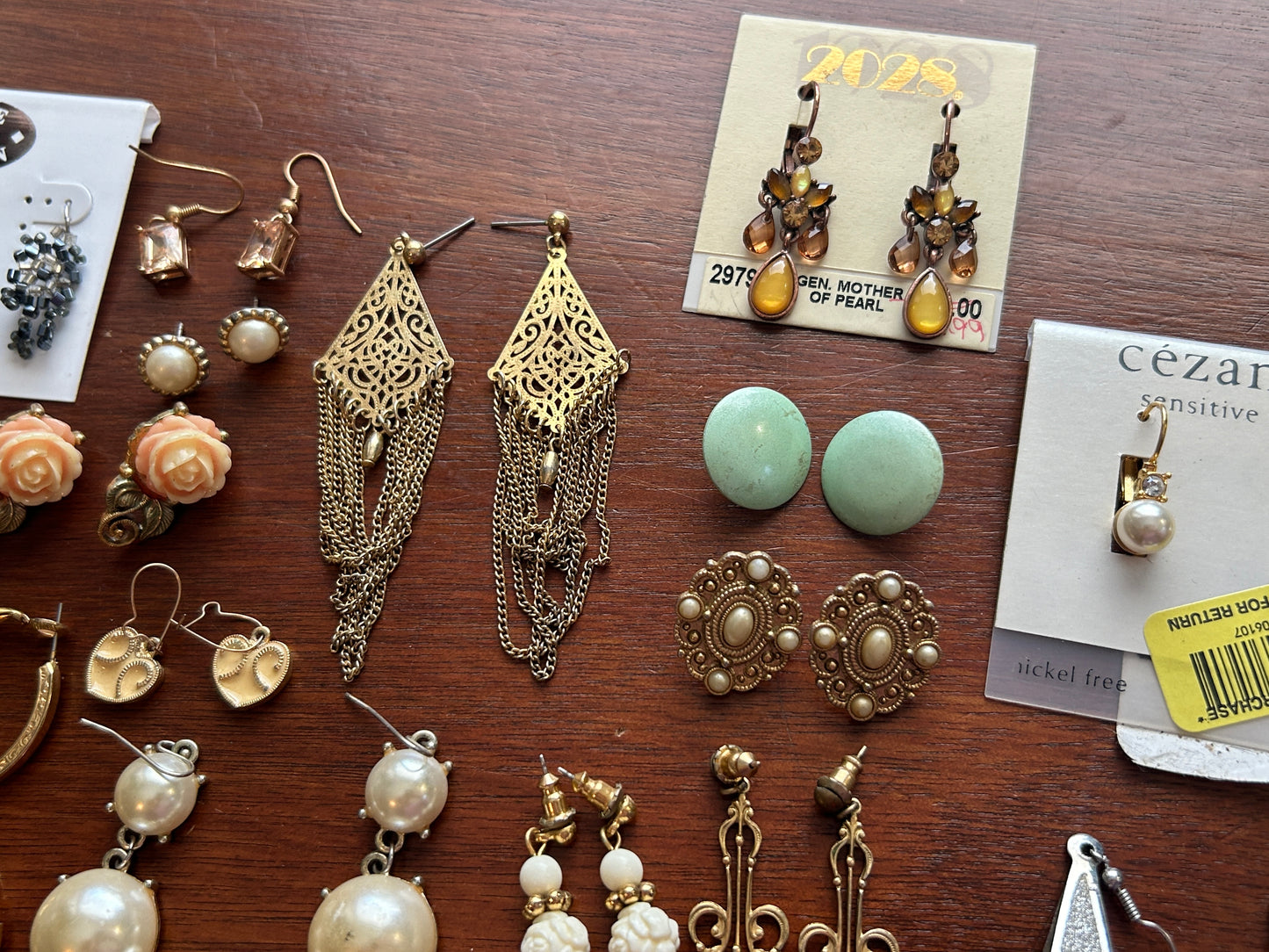 Pierced Earring Lot Chandelier Rhinestone Dangly Faux Pearl Gold Hoops Rose