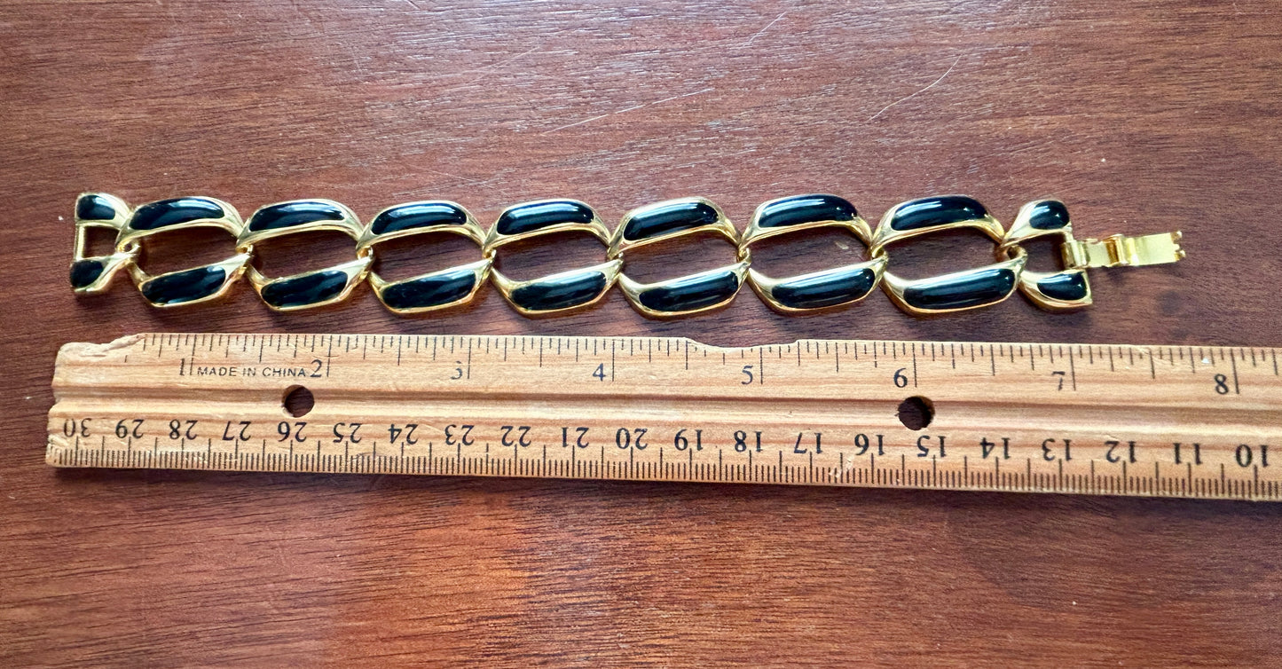 Vintage Gold Tone Black Enamel Chunky Chain Link Bracelet