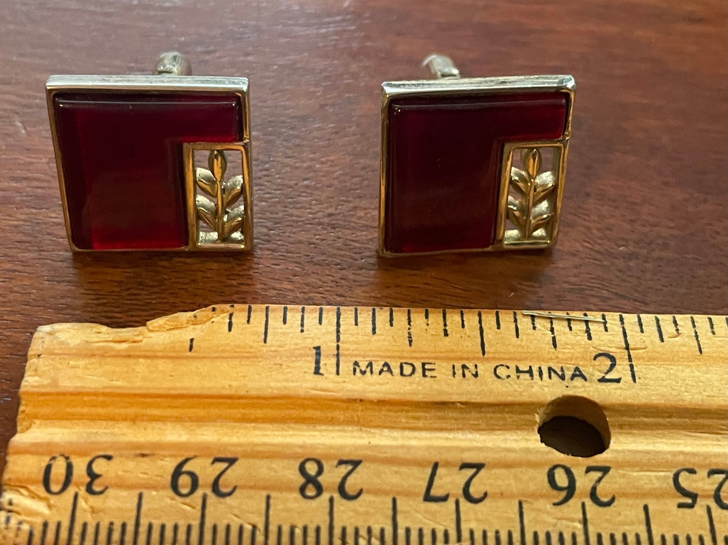 Vintage Midcentury Swank Gold Tone Red Inlay Cufflinks