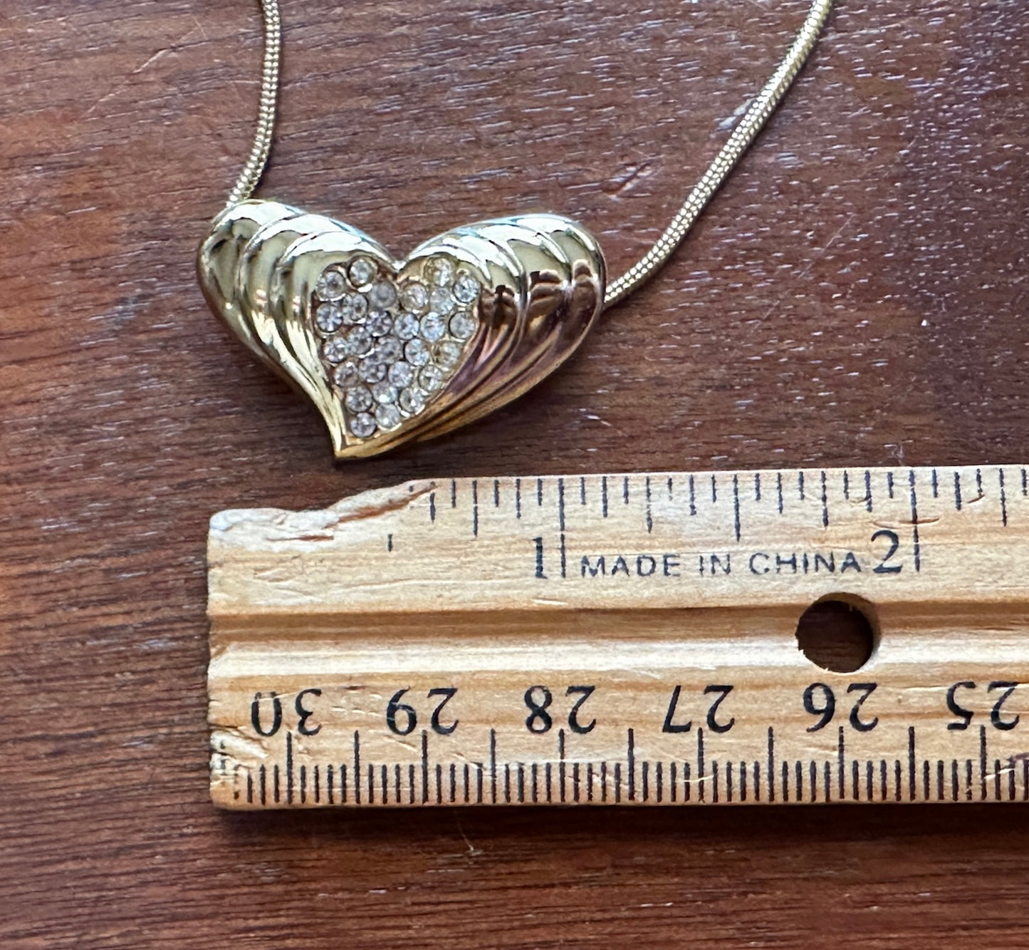 Vintage Gold Tone Snake Chain Slide Rhinestone Heart Pendant Necklace