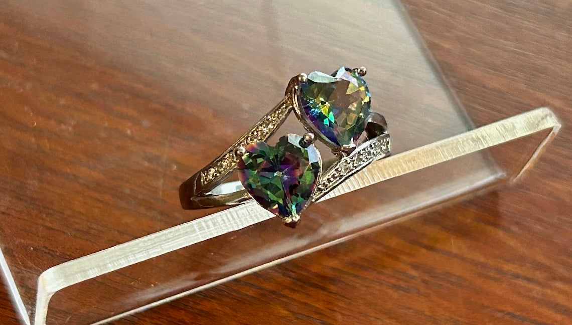 Sterling Silver 925 Mystic Topaz Heart Stone Bypass Style Ring Sz 6