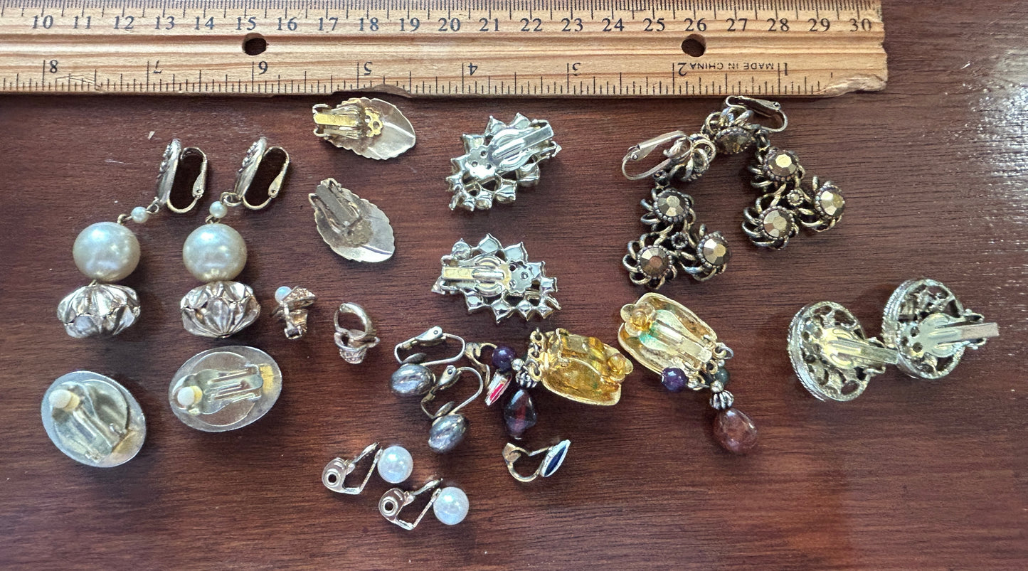Vintage Clip On Earrings Earring Lot Rhinestone Gold Tone Fax Pearl & More