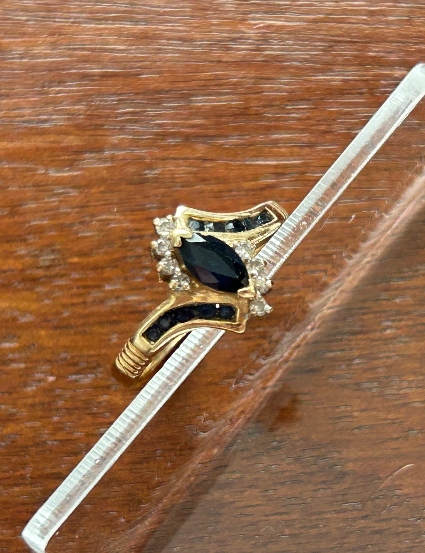 14k Yellow Gold Marquise Sapphire Diamond Accent Bypass Style Ring Sz 6