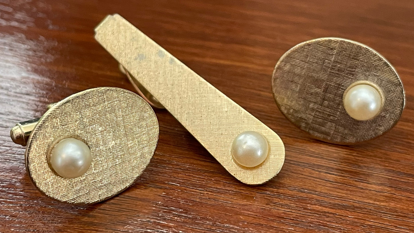 Vintage Gold Tone MCM Midcentury Mens Brushed Gold Tone Cuff Links Tie Clip