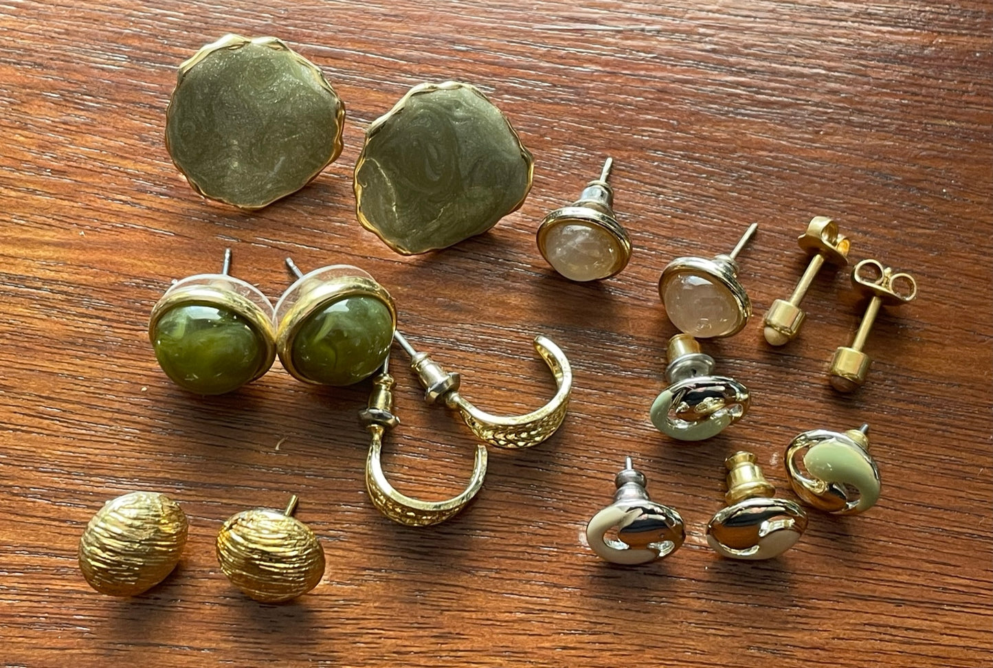 Vintage to Now Gold Silver Tone Stud Earrings Cabochon Green Pierced Hoop Rose