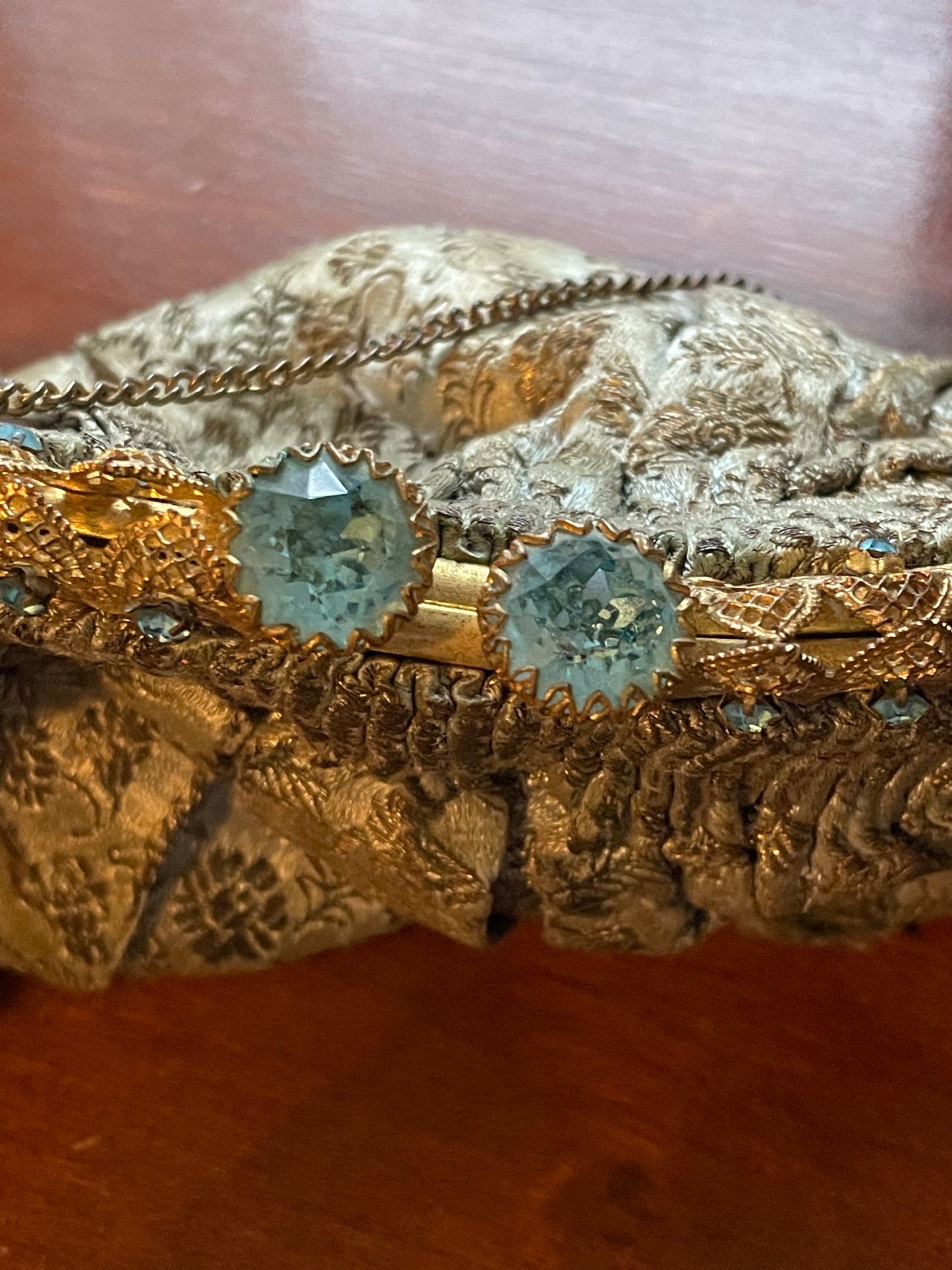 Vintage Silver Embroidered Clutch Purse Gold Tone Jeweled Clasp