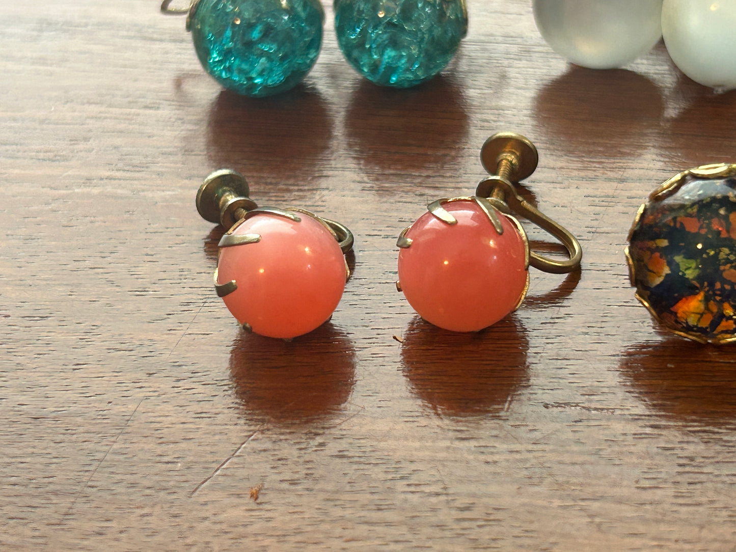 Vintage Clip On Screwback Earrings Lot Moonstone Low Cabochon Faux Opal Lucite