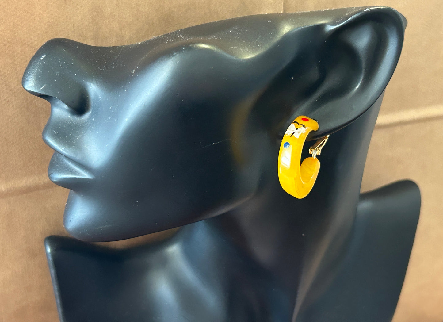 Vintage Butterscotch Bakelite Painted Butterflies Hoop Clip on Earrings