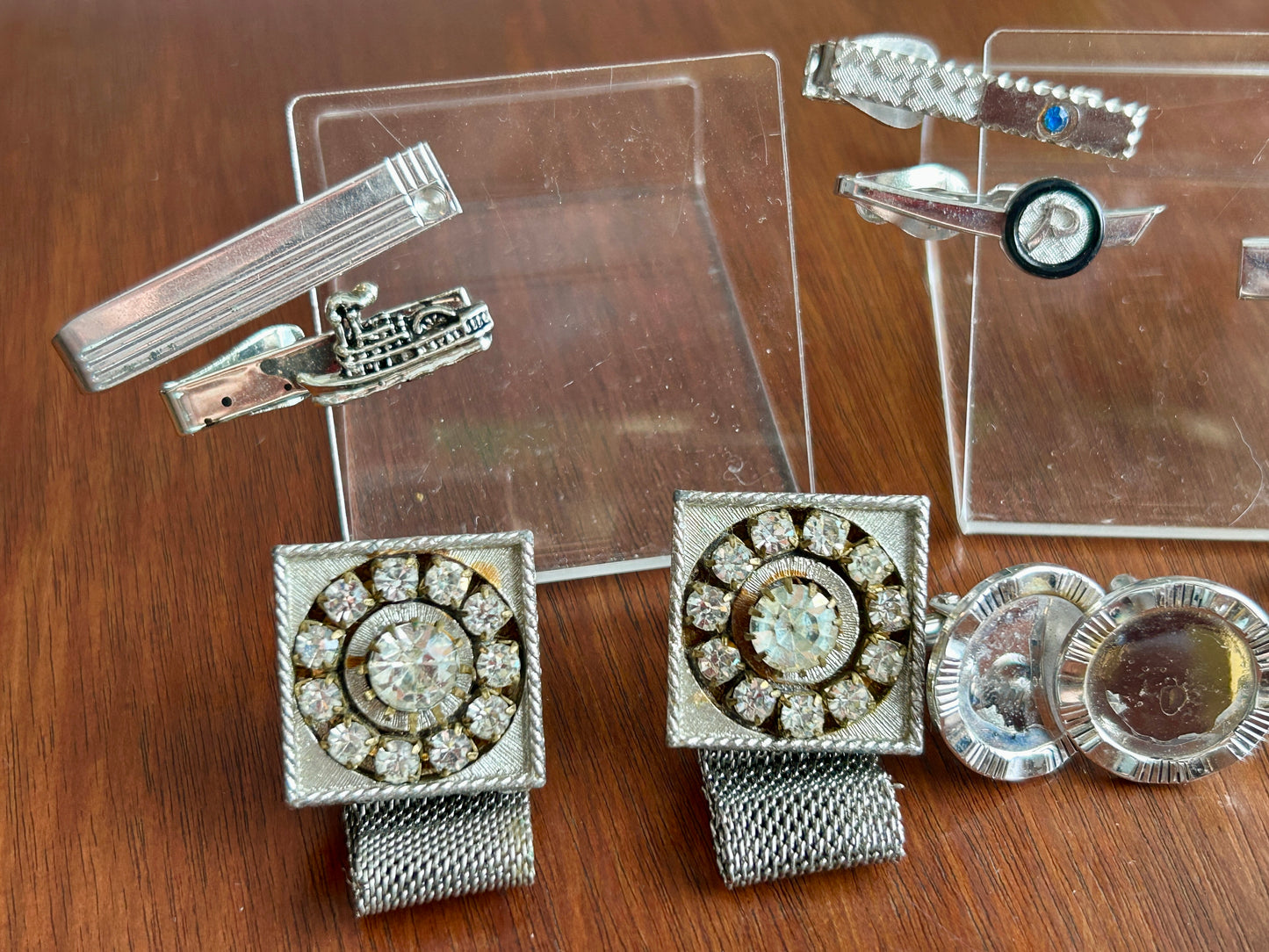 Vintage MCM Midcentury Silver Cufflinks Tie Tacks Clips Collar Rhinestone Pearl