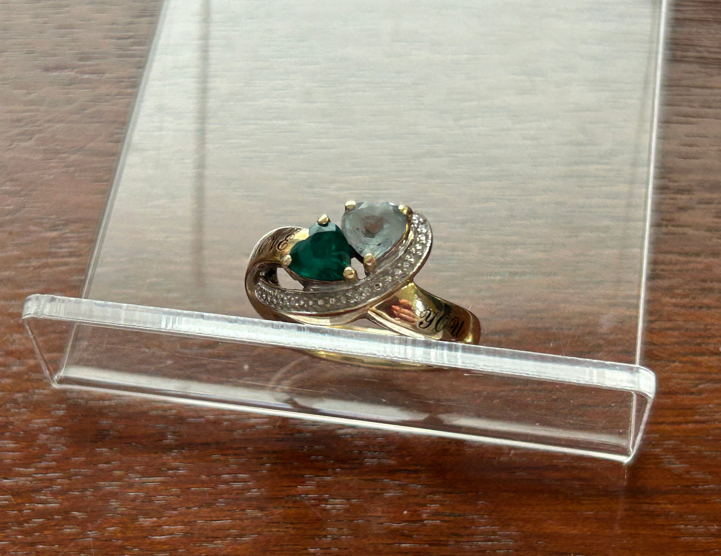 10k Yellow Gold Simulated Heart Shaped Aquamarine Emerald 'Love You' Ring Sz