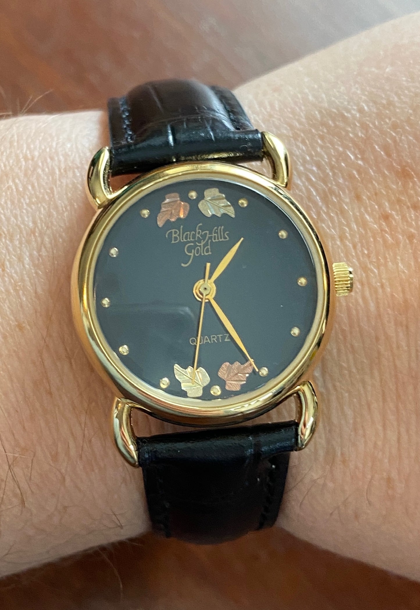 Black Hills Gold 12k Gold Leaves Black Leather Wristwatch