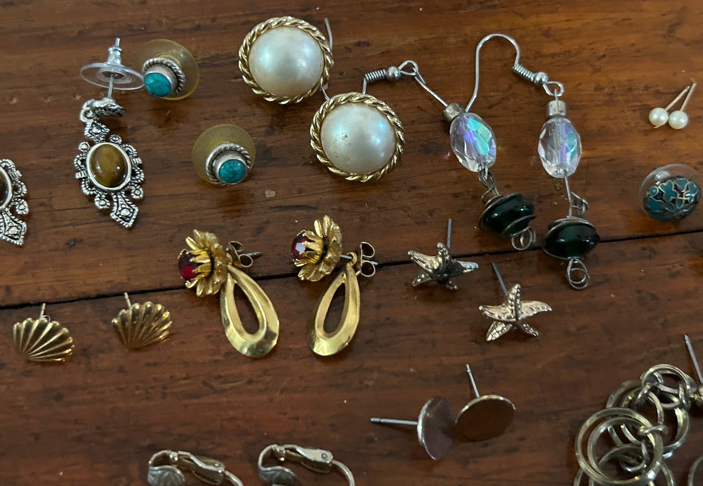Cute Lot of Vintage to Now Earrings Pierced Tiger Eye Turquoise AB Shell Enamel