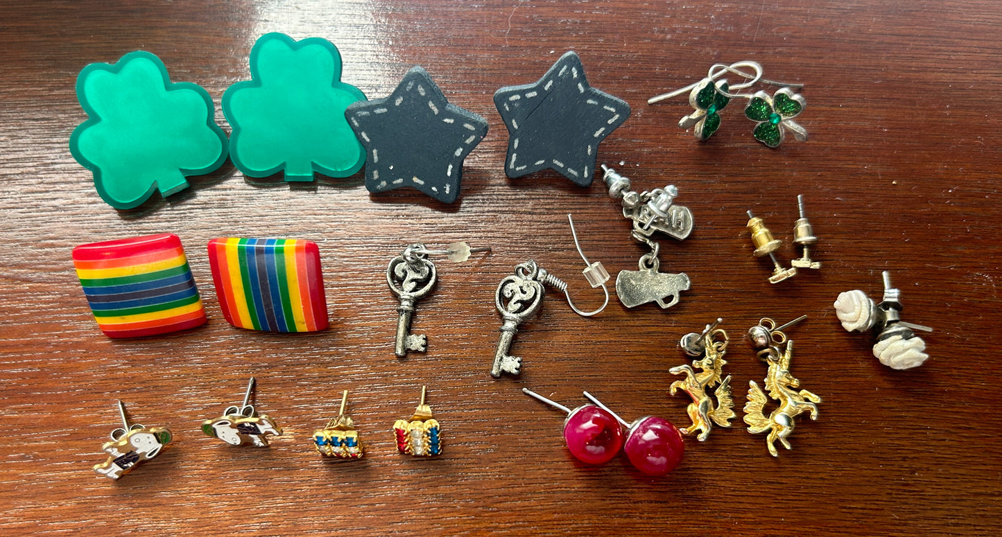 Lot of Vintage to Now Fun Earrings Rainbow Unicorns Snoop Skeleton Key Stars