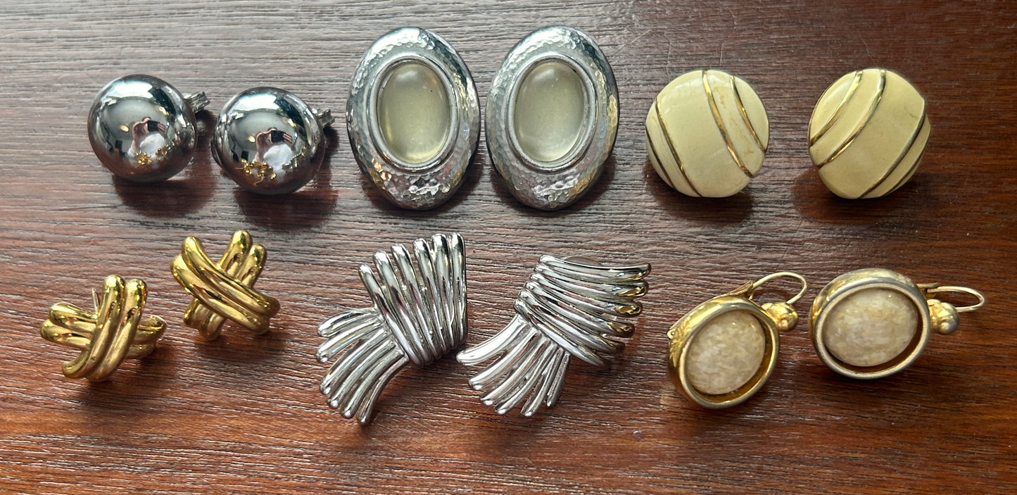 Vintage Lot of Monet Singed 80's Earrings Cabochon Silver Gold Tone X Pattern