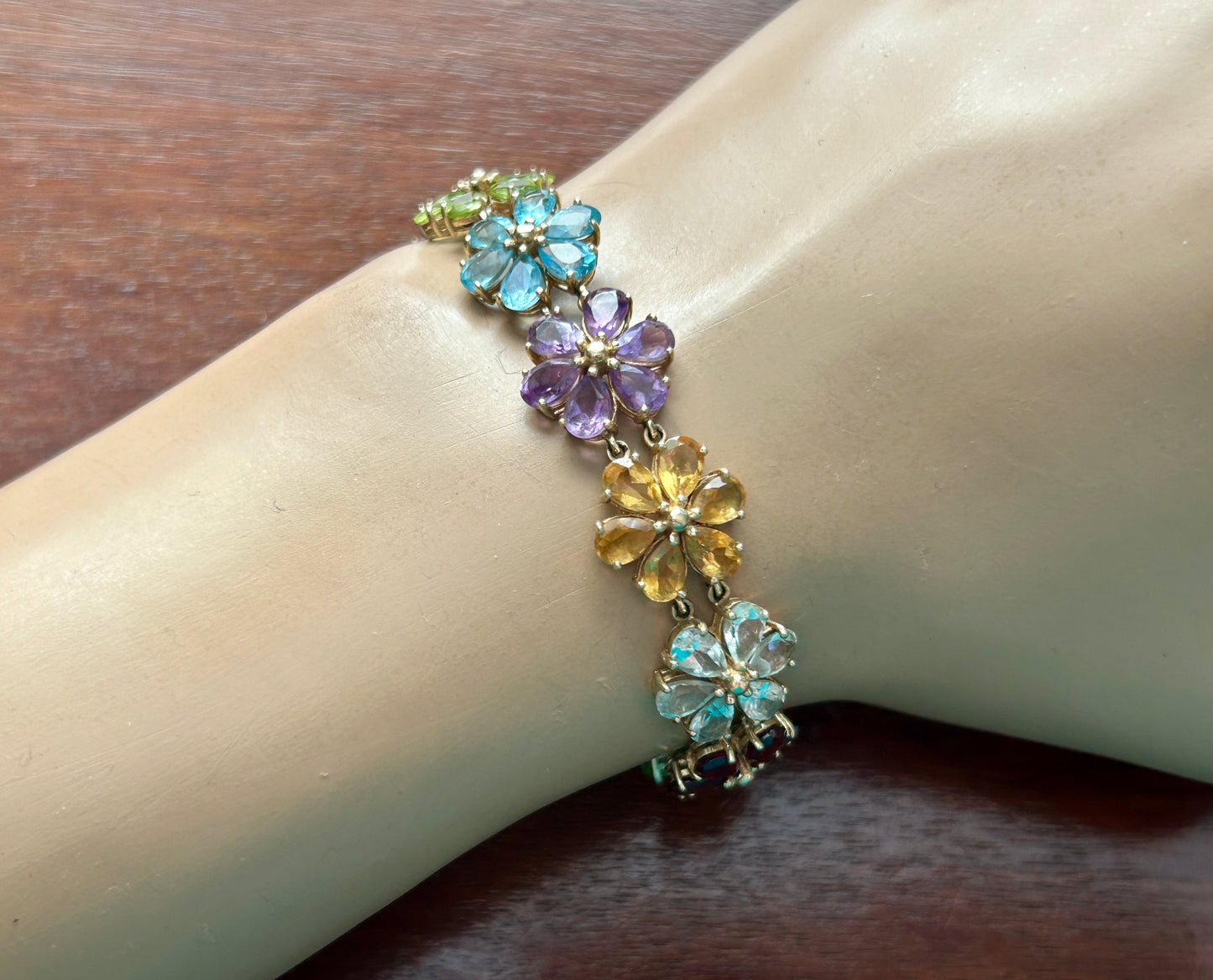 10k Yellow Gold Multicolor Gemstone Flower Tennis Bracelet MISSING STONES
