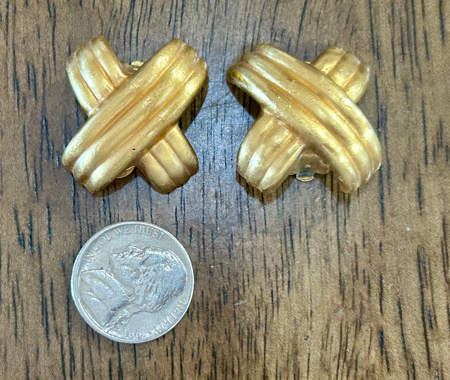 Vintage Large Matte Brushed Gold Tone X Pattern Clip On Earrings