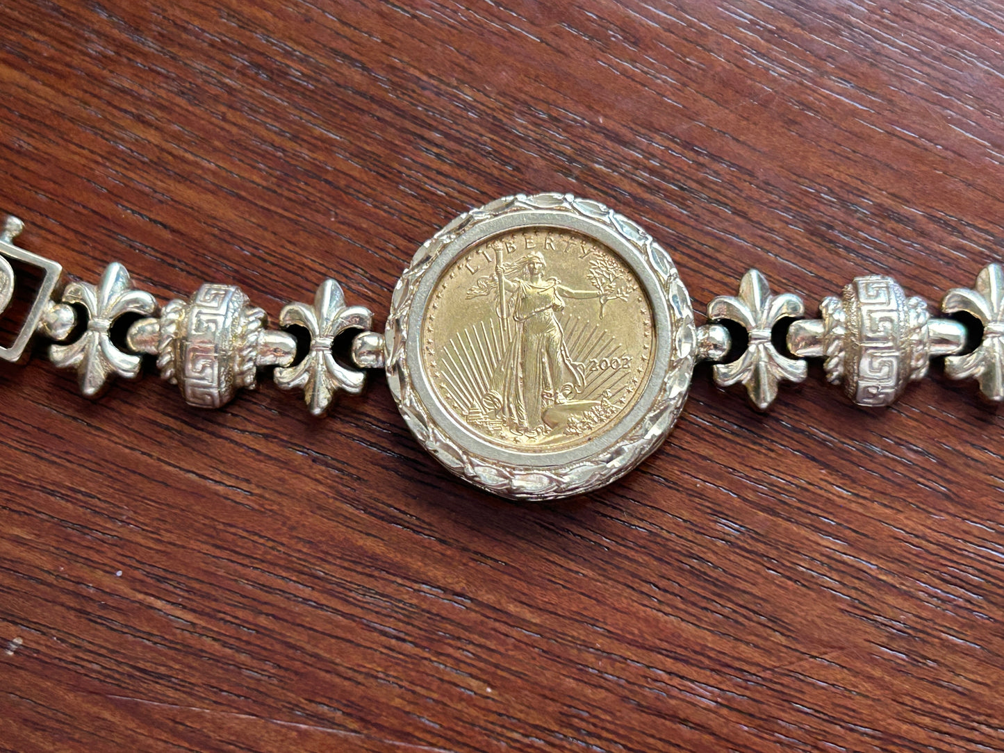14k Yellow Gold 2002 1/10oz Fine Gold Liberty Coin Bracelet Greek Fleur De Lis
