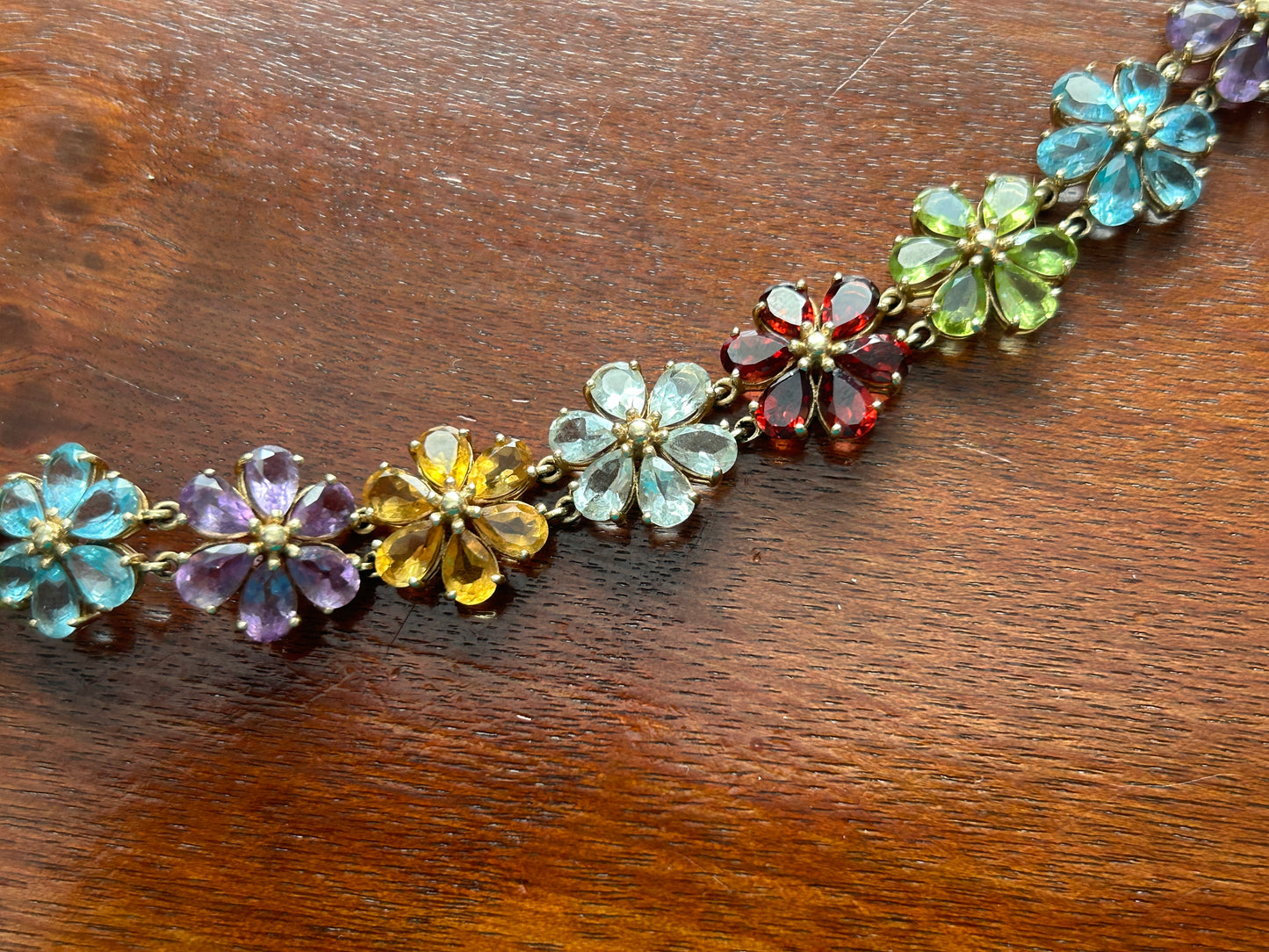10k Yellow Gold Multicolor Gemstone Flower Tennis Bracelet MISSING STONES