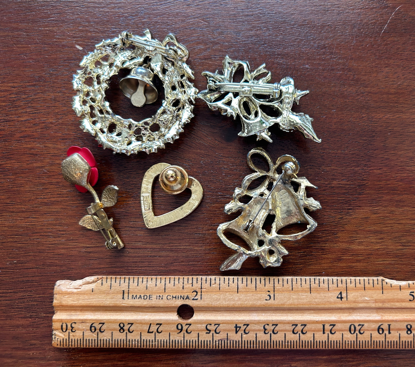 Vintage Brooch Pin Lot Red Green Gold Tone Enamel Flowers Bells Rose Heart